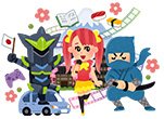 Japanese Cartoon of Robot, Maid and Ninja
